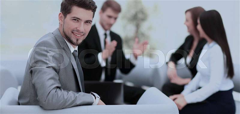Group of business partners discussing ideas with their leader on, stock photo