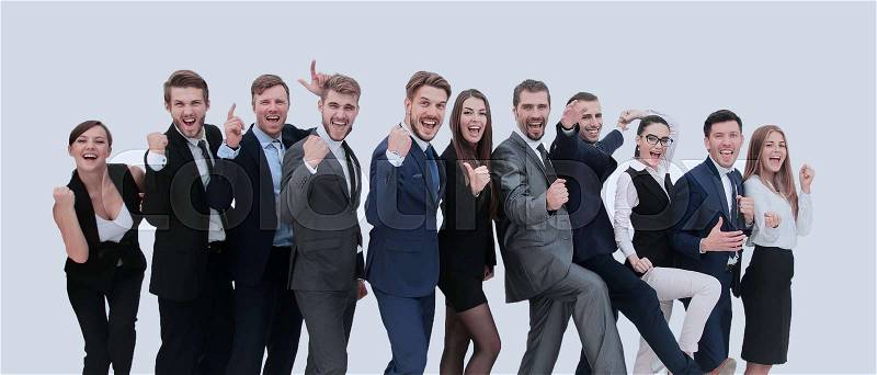 Group of jubilant business people jumping for joy and shouting in their excitement at their success isolated on white, stock photo