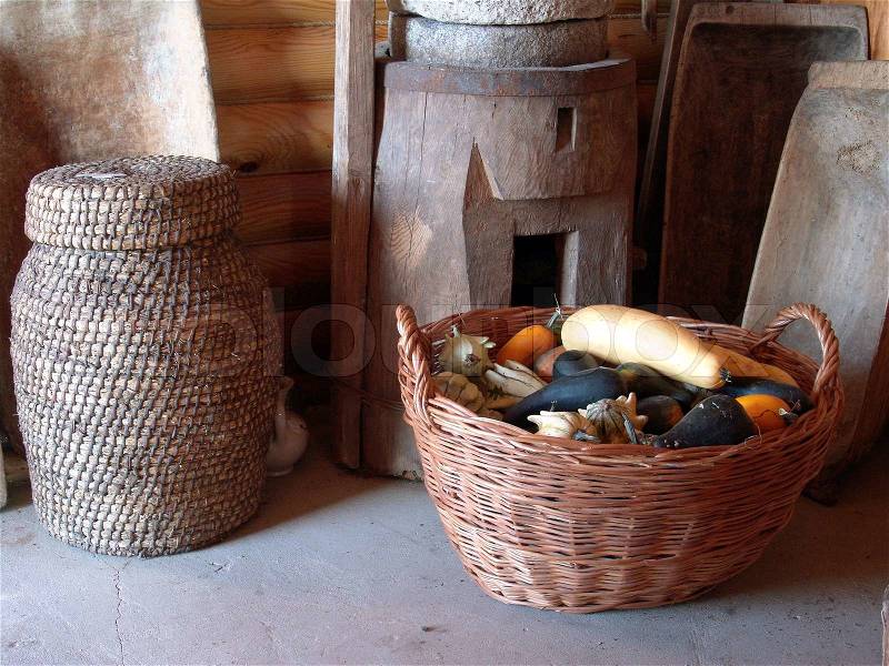 Interior in the ancient house, the typical kitchen devices, stock photo