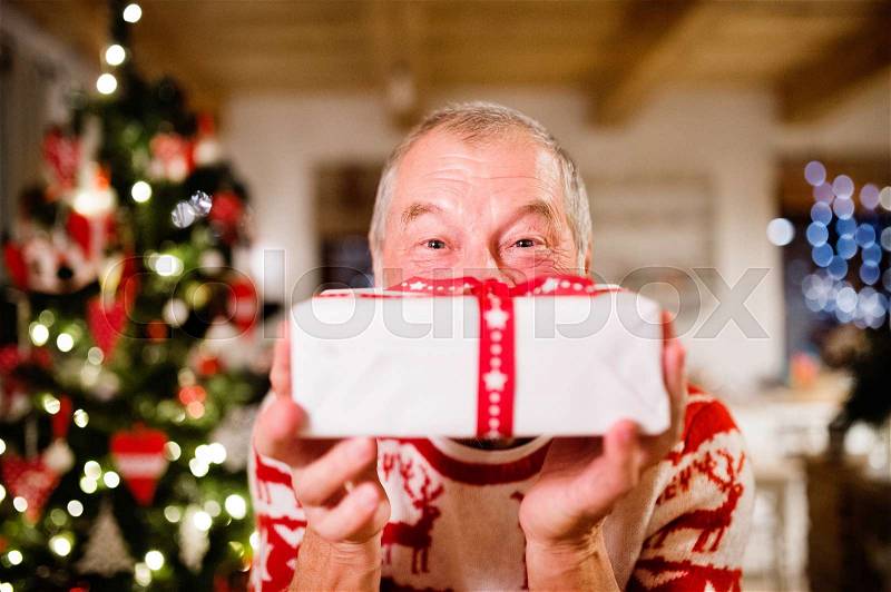 Senior man standing in front of illuminated Christmas tree inside his house holding a present, feeling pleased, stock photo