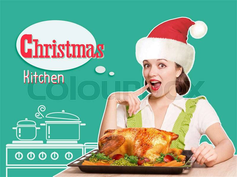 Woman with red Santa hat cooks roast christmas chicken .Collage kitchen background with text for design, stock photo