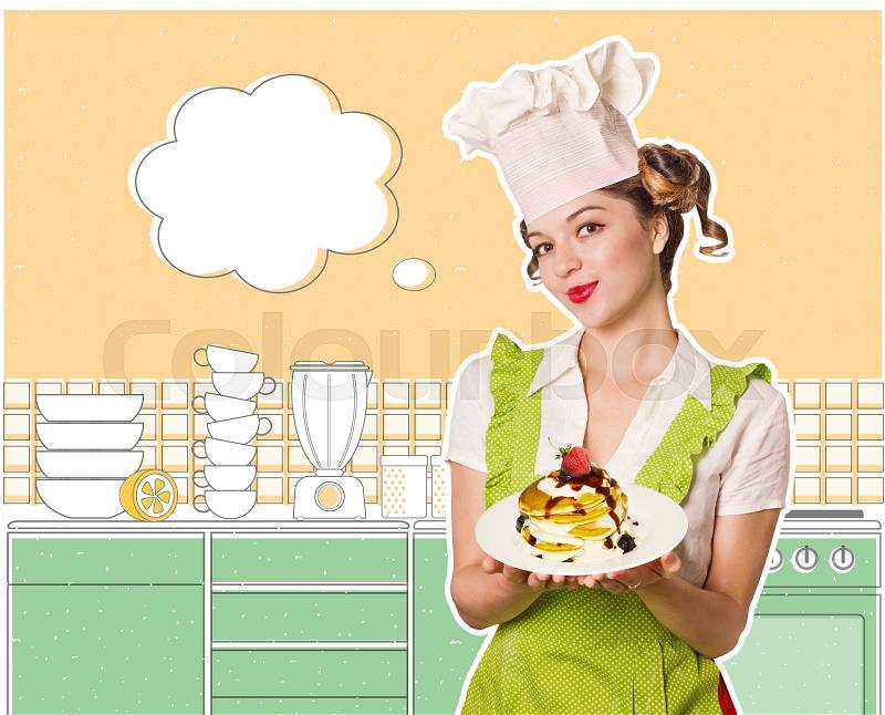 Woman chef and sweet pancakes.Kitchen collage background for text, stock photo