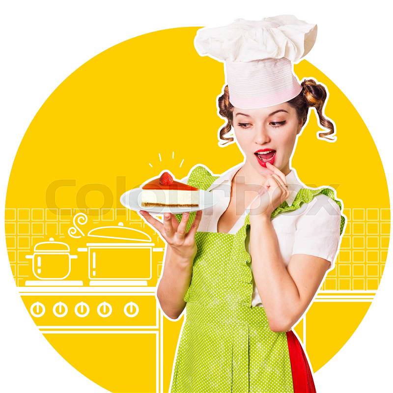 woman chef and sweet cheesecake in her hand.Collage kitchen background for design, stock photo