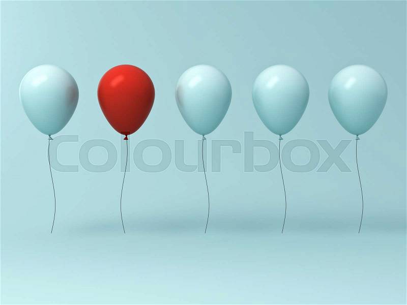 Stand out from the crowd and different concept , One red balloon different from other balloons on light cyan green pastel color wall background with reflections and shadows . 3D rendering, stock photo