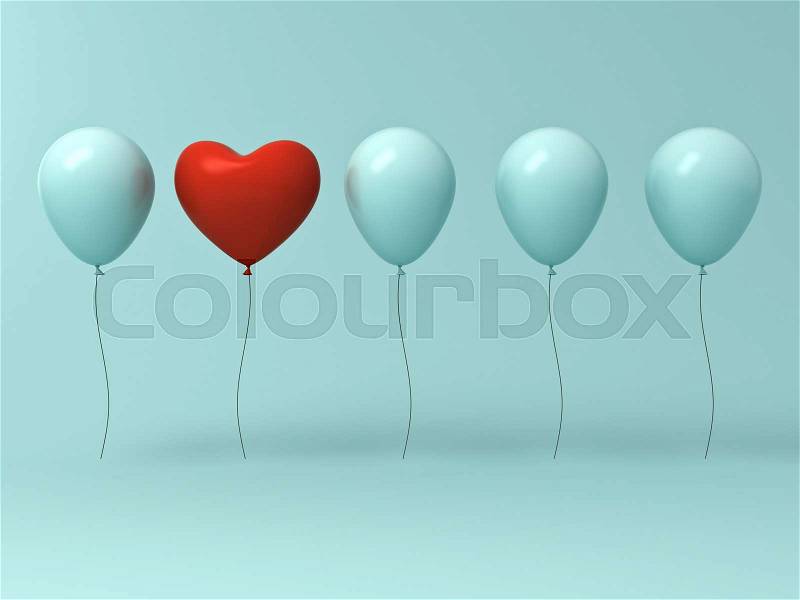 Stand out from the crowd and different concept , One red heart balloon different from other balloons on light green pastel color wall background with reflections and shadows . 3D rendering, stock photo