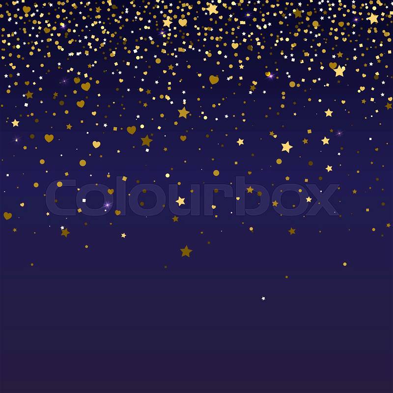 Brilliant, golden and sparkling dust particles, shape of heart, stars on dark background. The falling, glittering golden rain or snowfall, ready background template ..., stock photo