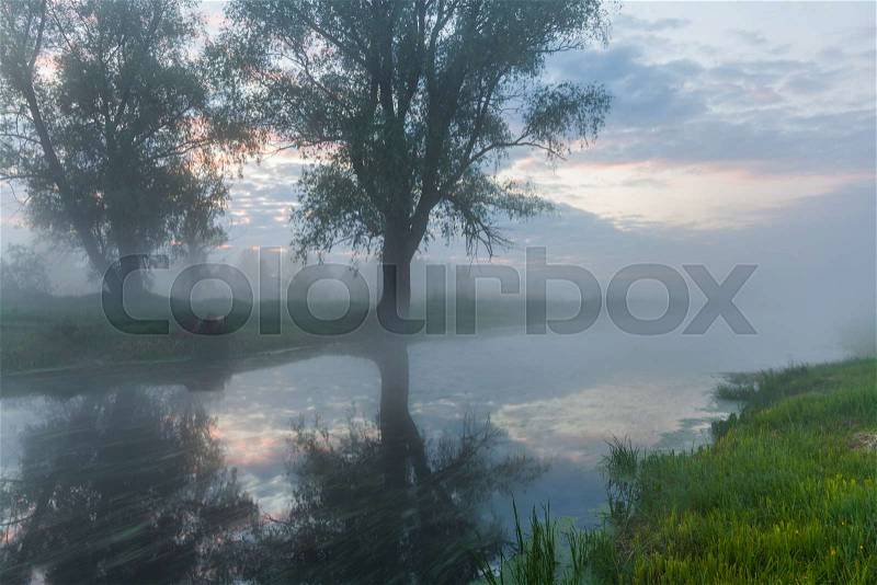 Beautiful misty dawn in the spring on the river, stock photo