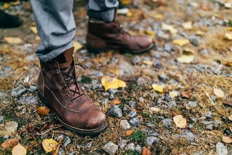 A pair of brown hiking boot in autumn forest. Soft focus on boot. Artwork, stock photo