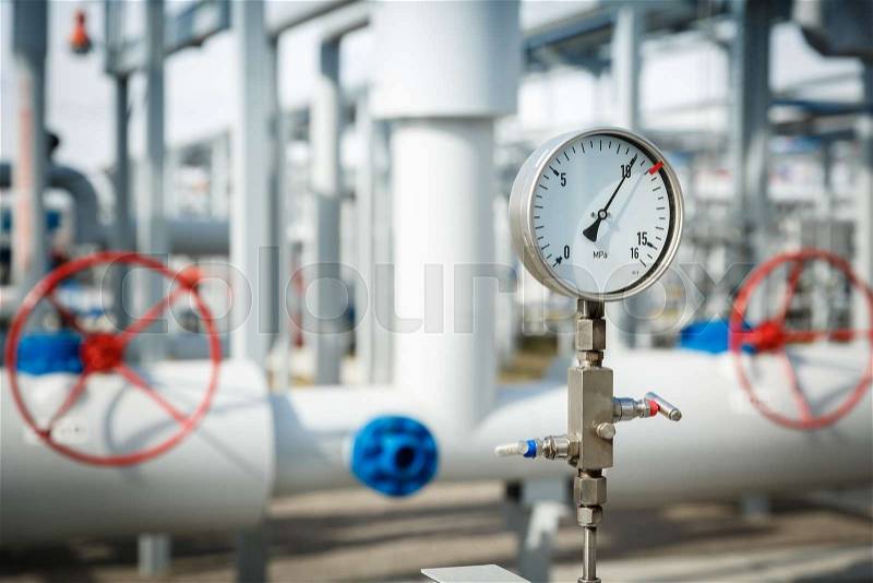 Gas manometer on a gas development plant. Industrial gas development details, stock photo