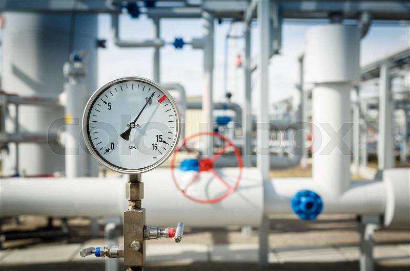 Gas manometer on a gas development plant. Industrial gas development details, stock photo