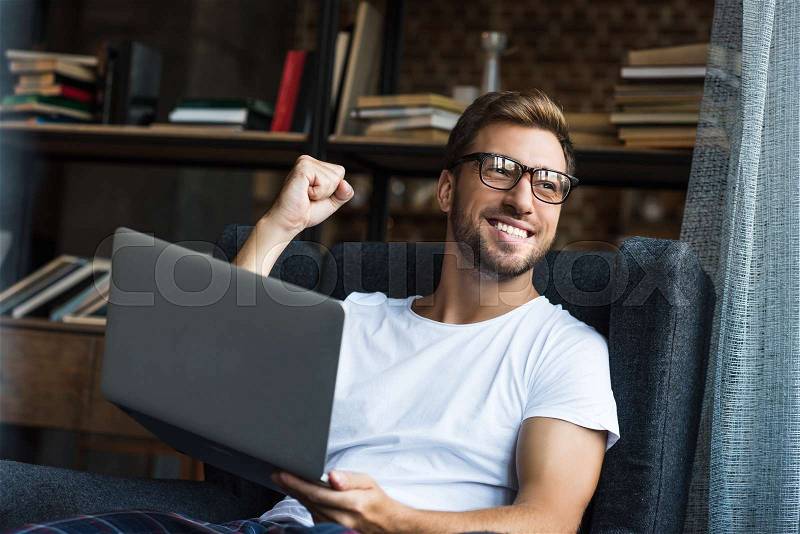 Young man sitting with laptop in armchair and cheering with his fist, stock photo