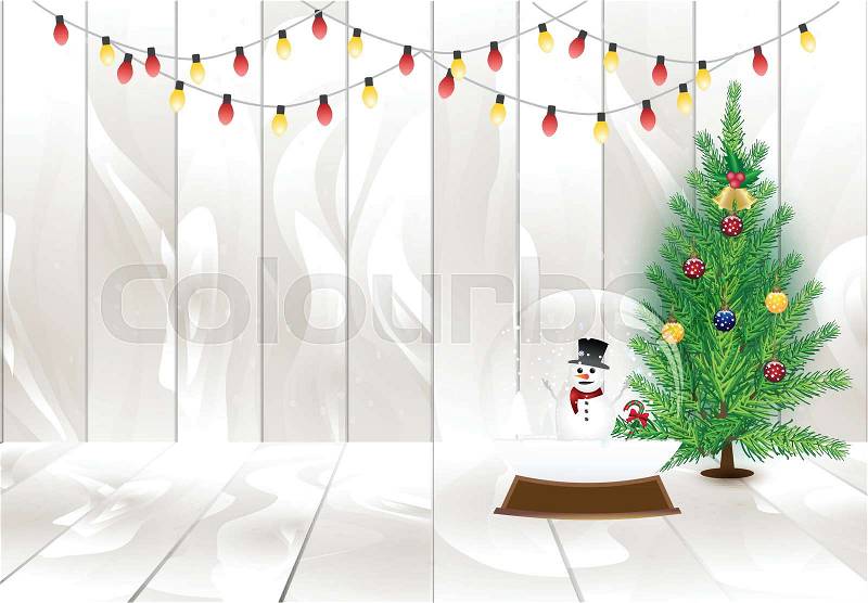 Christmas tree and light decoration on wooden planks, Holiday Christmas winter background, vector