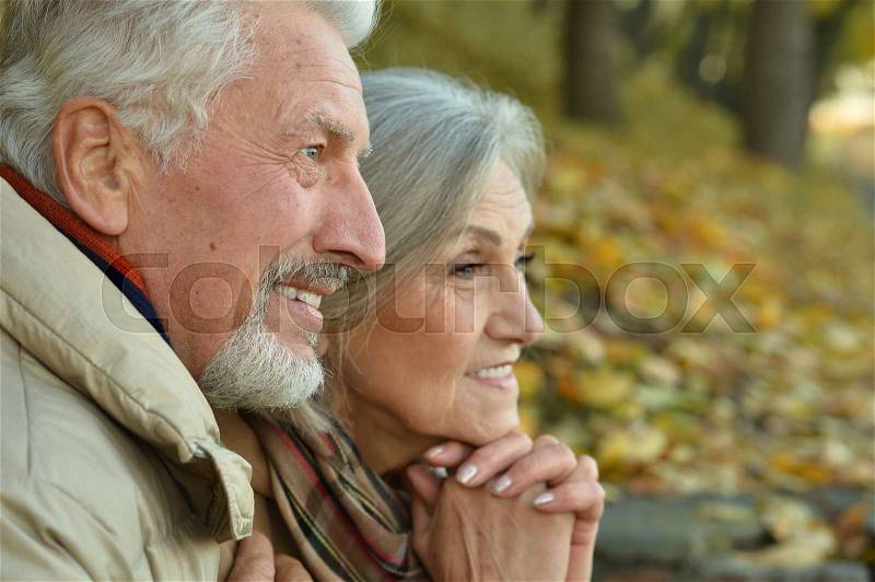 Happy Senior couple in autumn park hugging, stock photo