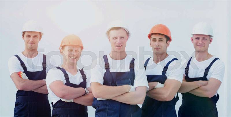 Group of professional industrial workers isolated on white background, stock photo