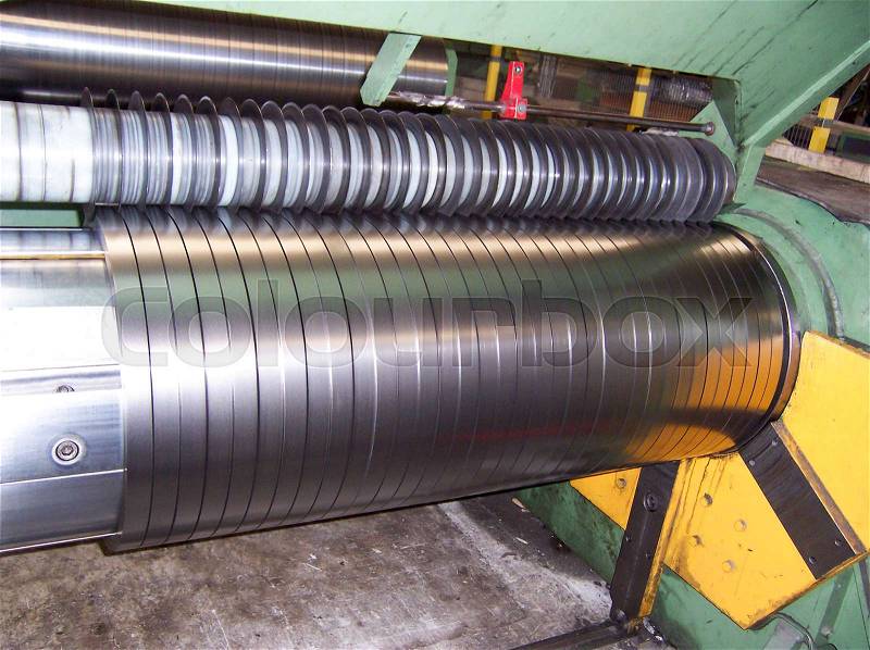 Cold rolled steel coil at storage area in steel industry plant, stock photo