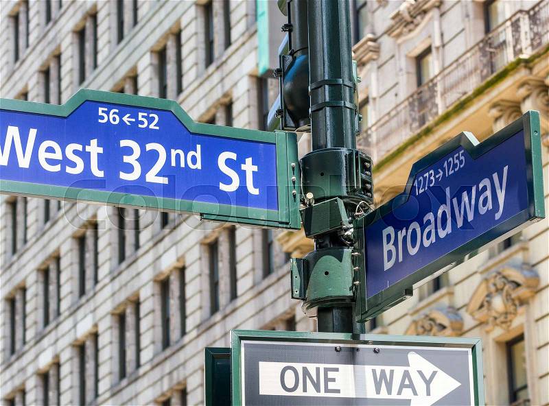 West 32 amd Broadway signs along city streets, NYC, stock photo
