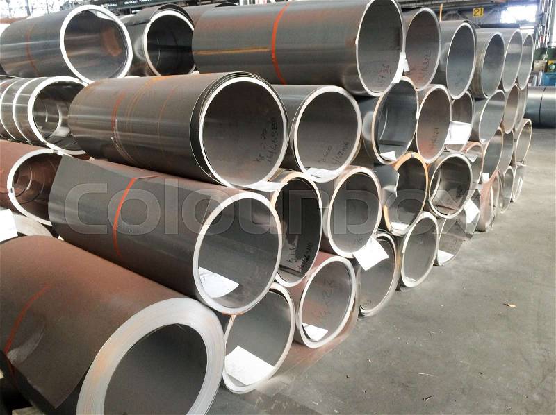Cold rolled steel coil at storage area in steel industry plant, stock photo