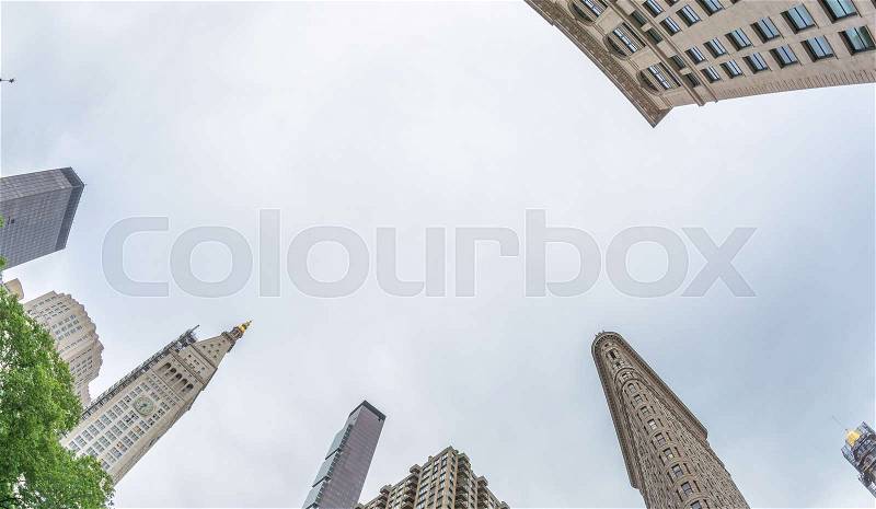Street fisheye view of New York Midtown skyscrapers, stock photo