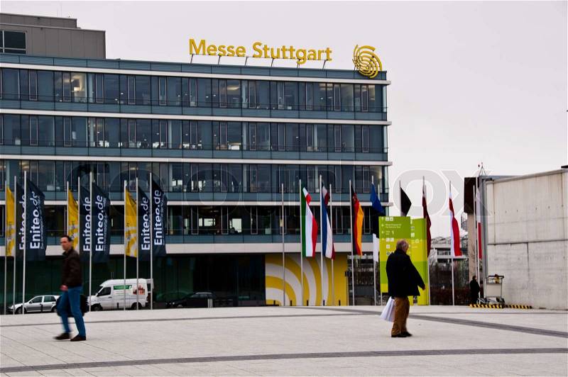 STUTTGART - MARCH 18: Administrative Building of the new Stuttgart Trade Fair next to the Airport on March 18, 2011 in Stuttgart, Germany Flags are promoting the current 