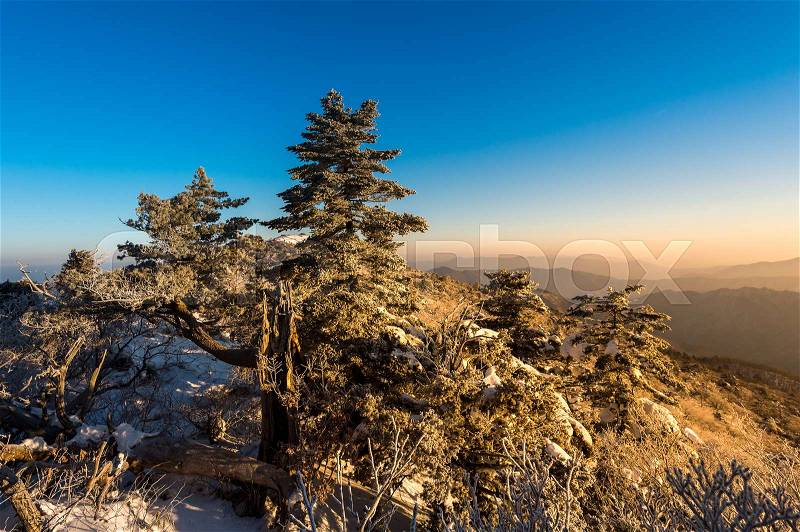 Deogyusan mountains at sunrise in winter, South Korea, stock photo