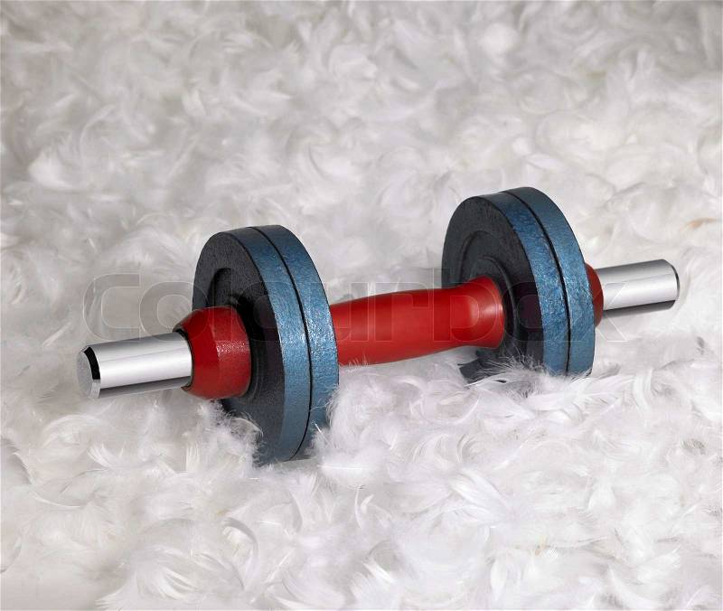 Dumbbell in down feather background, stock photo