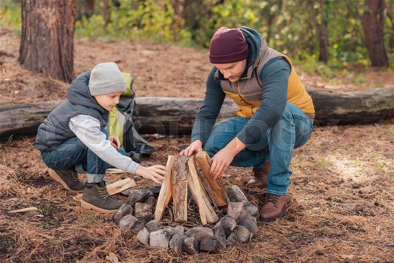 Father and son collecting firewood and kindling bonfire in autumn forest, stock photo