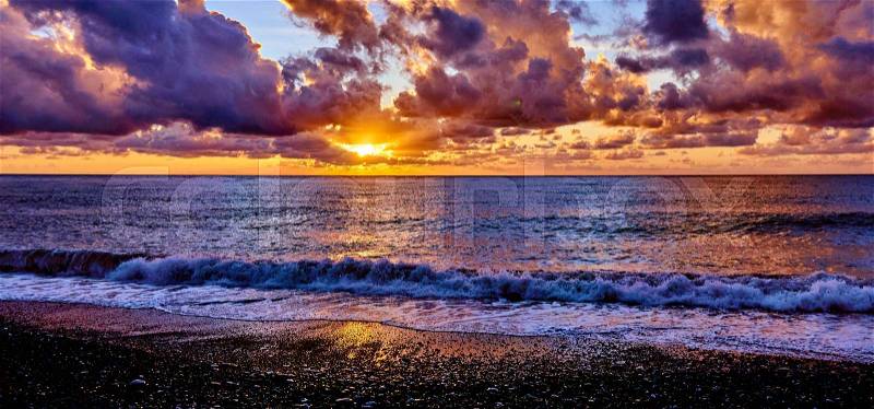 Sunset over ocean. Sunset on the beach with beautiful sky. Dramatic sunset , stock photo