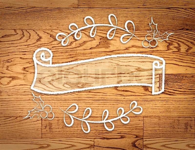 Blank vintage ribbon round banner in doodle style on wood,Template mock up for adding your content, stock photo