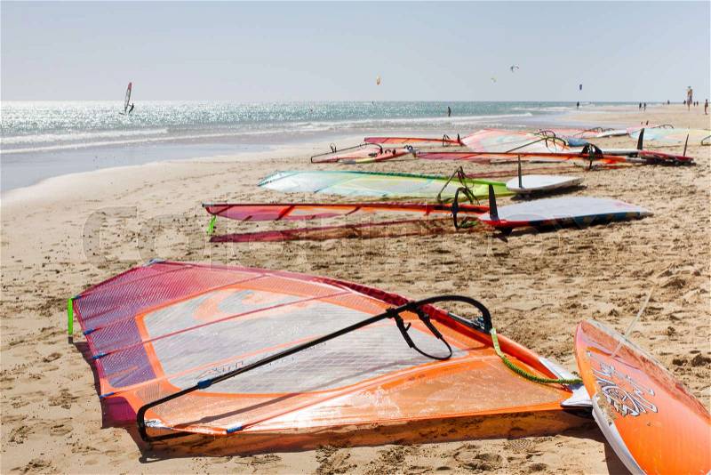 Many lonely color windsurfing lying on the beach. Sea sport activity, stock photo