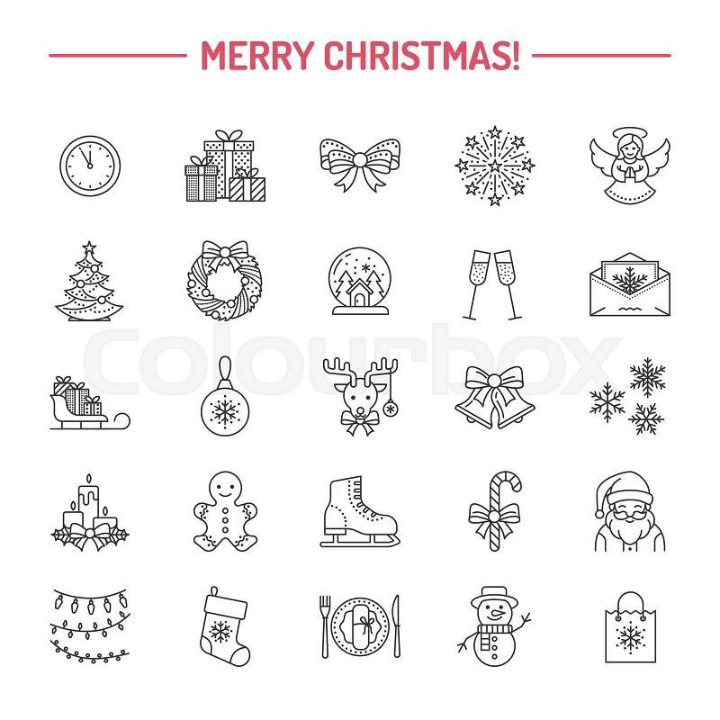 Christmas, new year flat line icons. Winter holidays - christmas tree gift, snowman, santa claus, fireworks, angel. Vector illustration, signs for celebration xmas party, vector