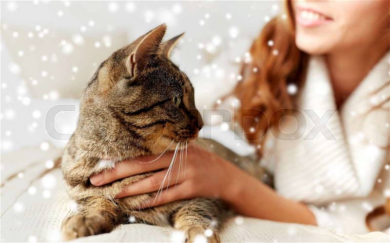 Pets, animals, winter and people concept - close up of cat and woman in bed over snow, stock photo