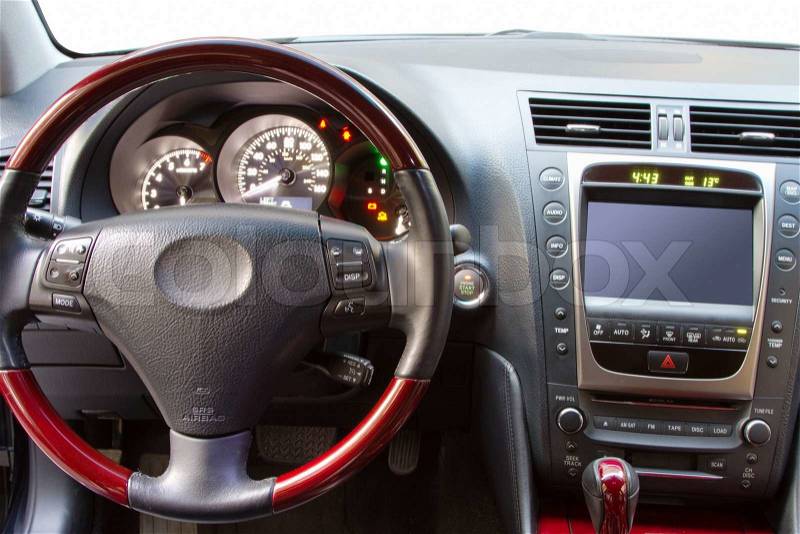 Interior details of a luxury sports car, stock photo