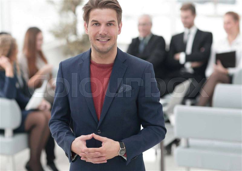 Successful businessman on blurred background business team. photo with copy space, stock photo