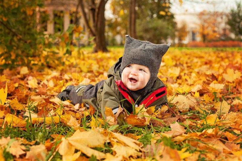 Autumn Baby Lying on Fall Maple Leaves Outdoors. Happy Little Child in Autumn Park (6 months old), stock photo