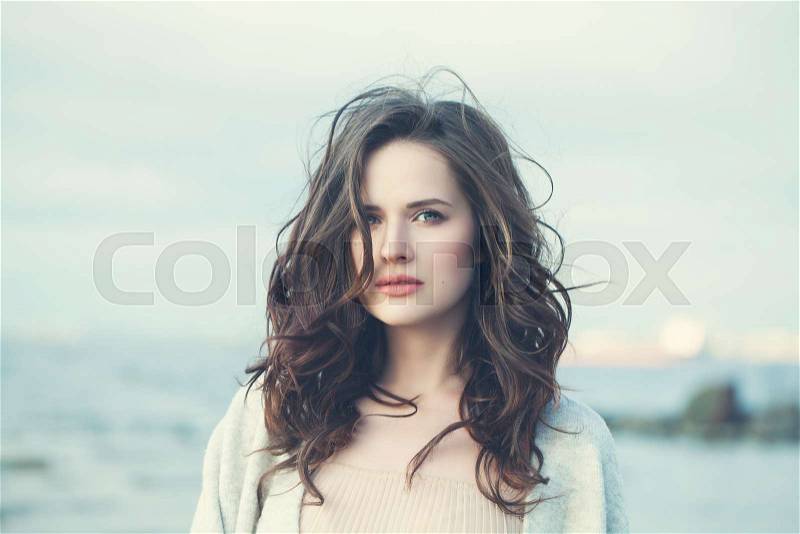 Romantic Girl with Long Brown Hair. Beautiful Woman, Vintage Boho Style, stock photo