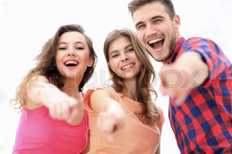 Closeup of three young people showing hands forward. the concept of perspectives, stock photo