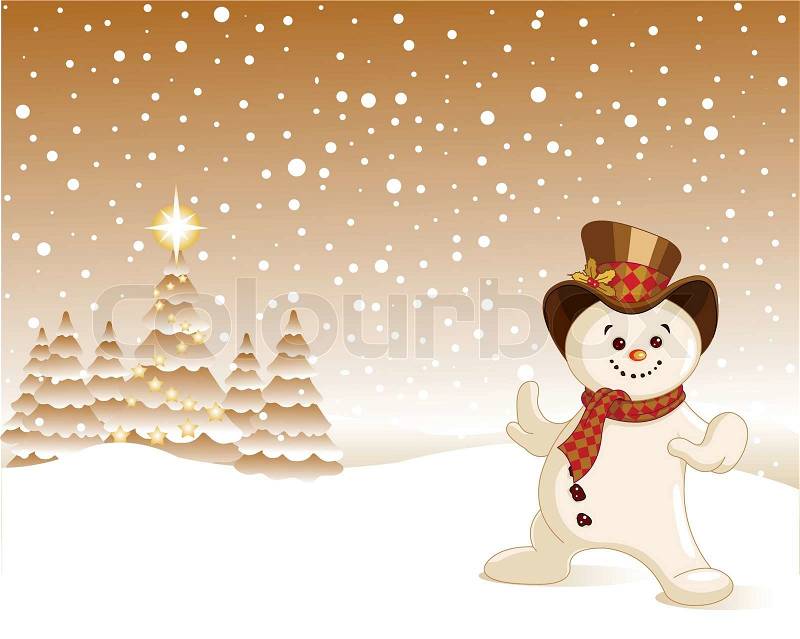 Christmas, Snowman in winter scene amidst falling snow 