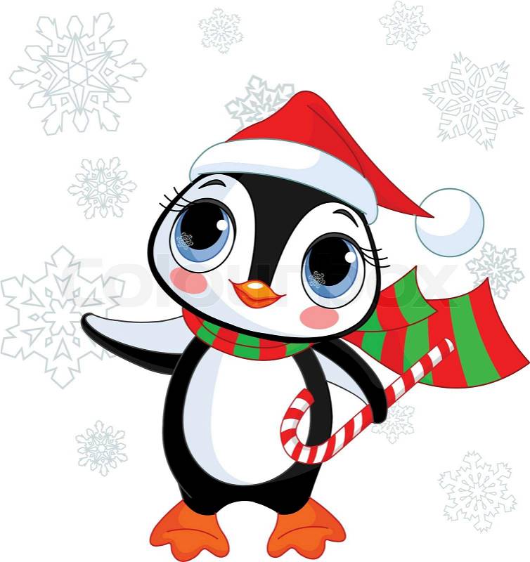 Cute Christmas penguin with Santa's hat and scarf  Stock 