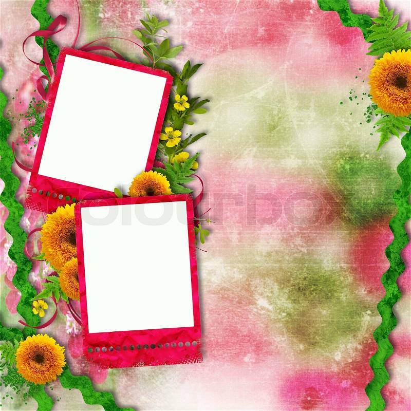 Card for invitation or congratulation withyellow flowers and pink, green background, stock photo