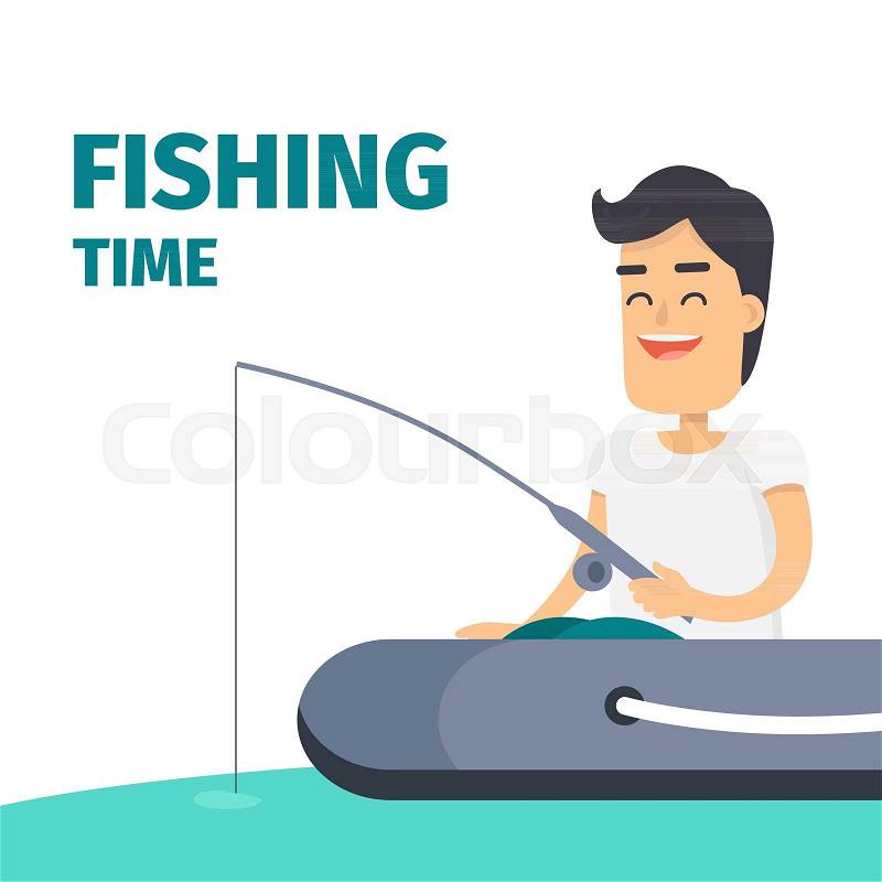 Fishing time concept with fisherman in dinghy. Happy brunette man with rod in hand, seating in floating inflatable rubber boat flat vector on white. Outdoor leisure or recreational hobby illustration, vector