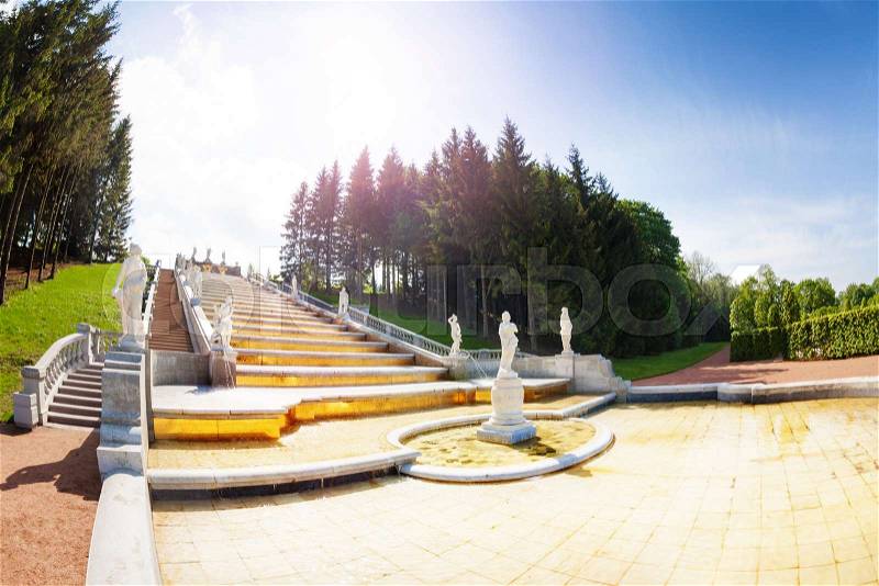 Scenic view of the Marly or the Golden Hill Cascade at Lower Park of Peterhof, Russia, stock photo