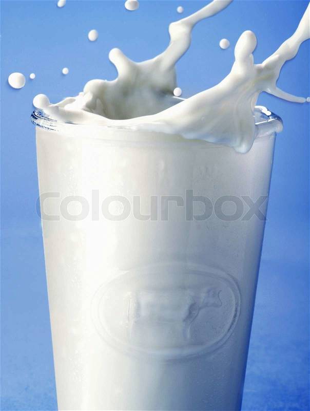 Pouring milk in a glass isolated against blue background, stock photo