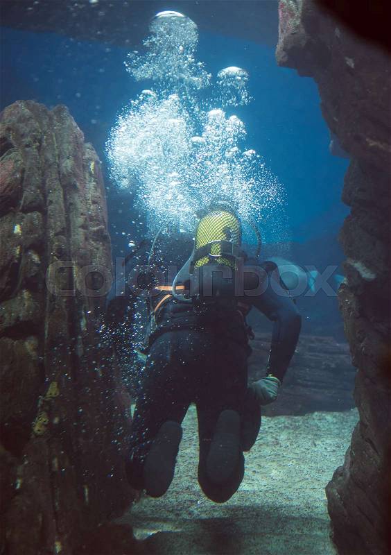 The scuba diver swims under the water, stock photo