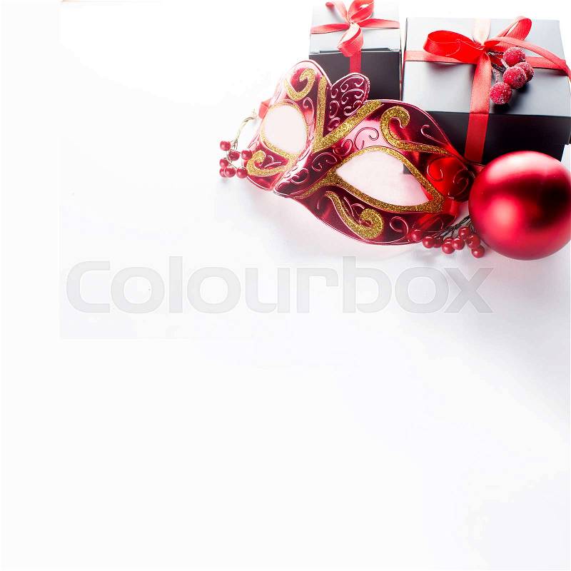 Black, white and red Christmas background. black gift box, balls, red Christmas decorations on the white background copy space, stock photo