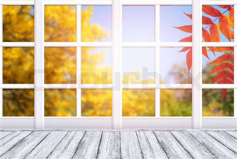 Room interior with window frame and wooden table in Shabby Chic style. Autumn sunny day with golden autumnal trees outside. Empty space for your decoration, text or advertising, stock photo