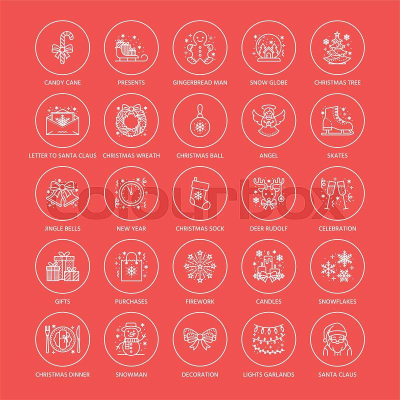 Christmas, new year flat line icons. Winter holidays - christmas tree gift, snowman, santa claus, fireworks, angel. Vector illustration, signs for celebration xmas party, vector