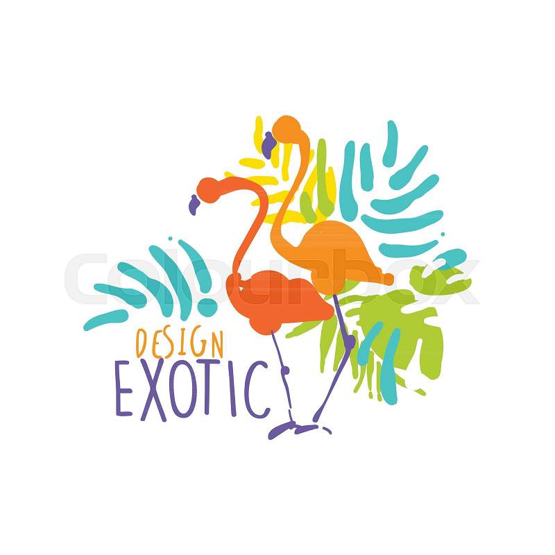 Colorful hand drawn logo template with couple of flamingo birds. Exotic vacation. Creative abstract label for animals shop, tour operator, tropical shirt print, card. Illustration isolated on white, vector