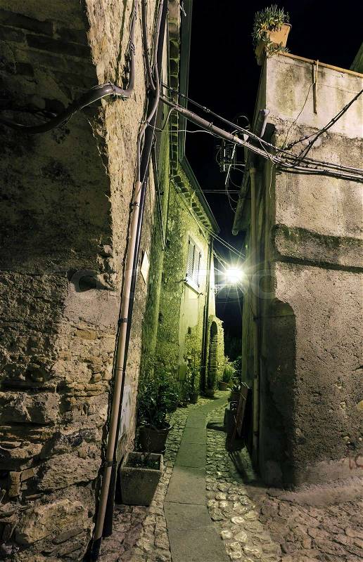 Night old medieval Stilo famos Calabria village street view, southern Italy, stock photo