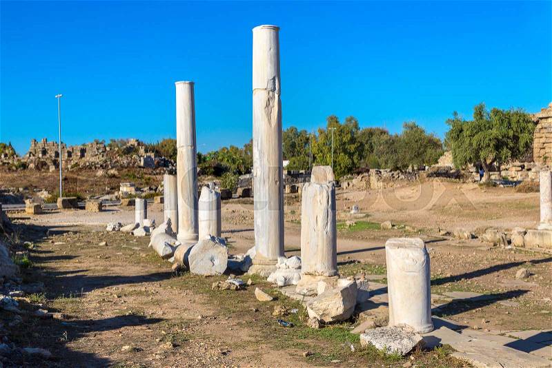 Ruins of agora, ancient city in Side in a beautiful summer day, Antalya, Turkey, stock photo