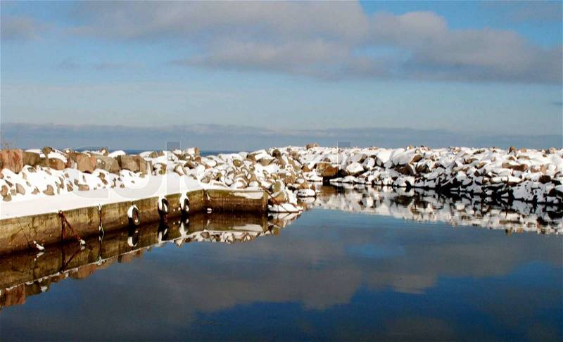 Vigehavn Harbour Reflecting in the Winter Waters, stock photo
